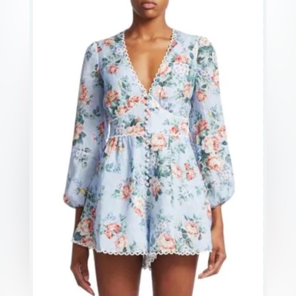 Zimmermann Bowie Crochet-trimmed Floral-print Linen Playsuit In Lilac Floral - Picture 2 of 5